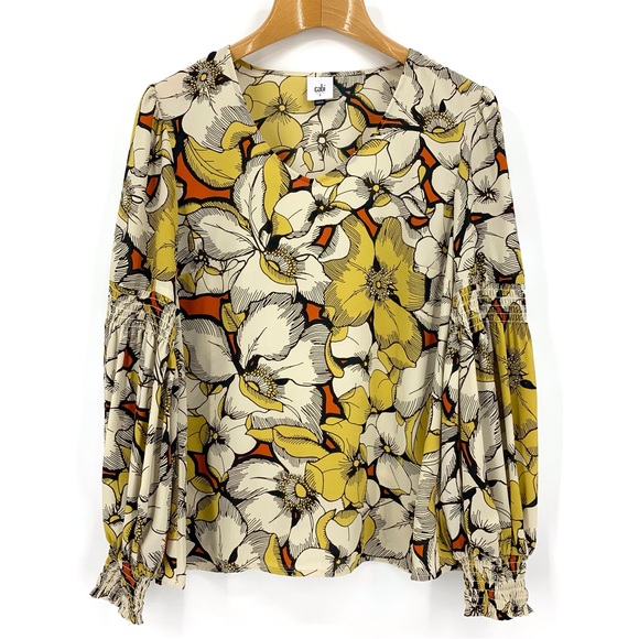 Cabi Sequel Blouse #3954, Yellow Floral V-Neck Long Sleeve Blouse, Small - Picture 12 of 16